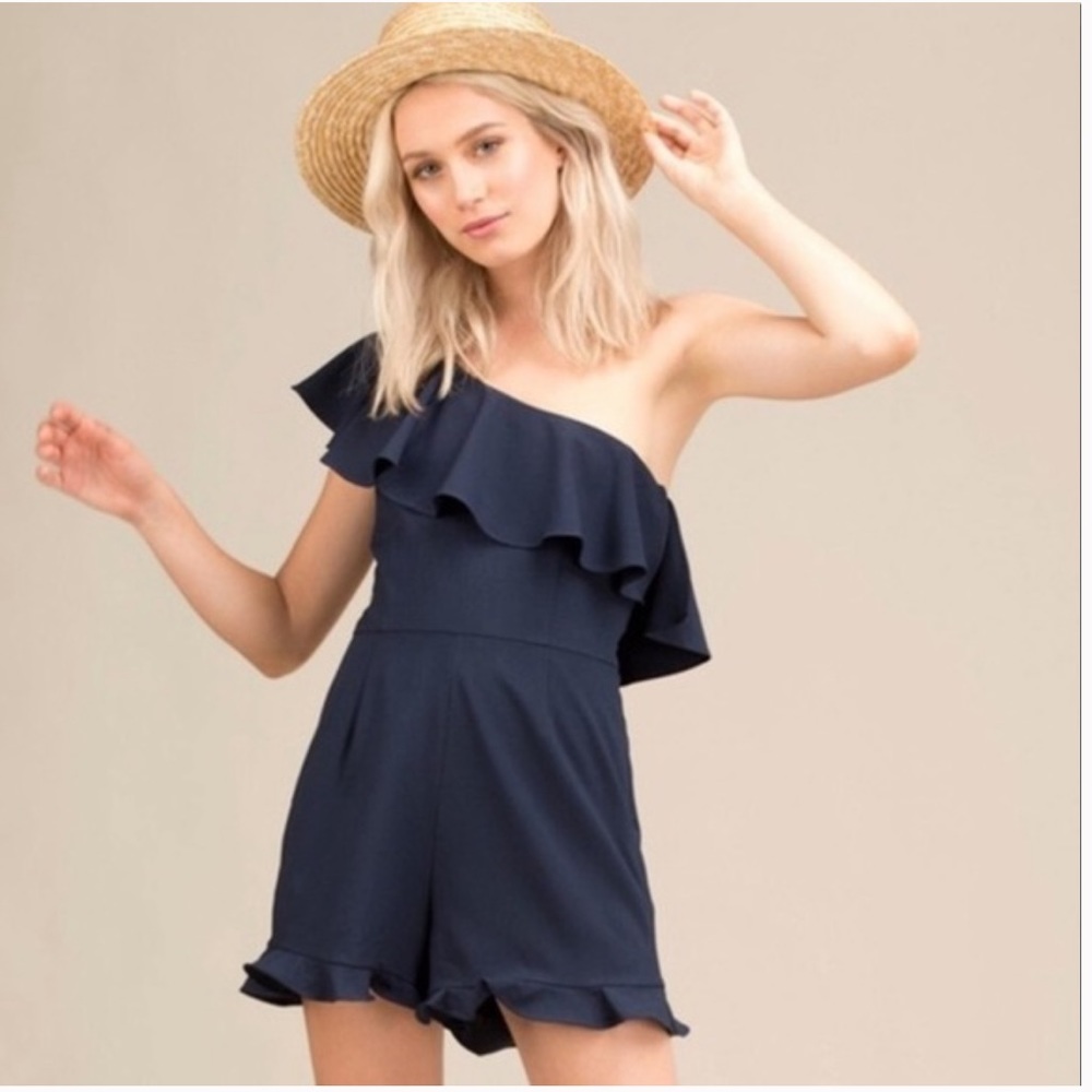 NWT J. By J.O.A Navy Blue Ruffle Romper Size Large